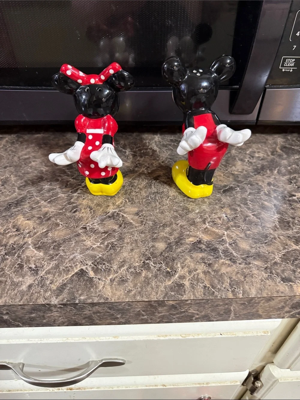 Disney Minnie and Mickey Salt & Pepper Figurine Pair in Red, Black, Yellow